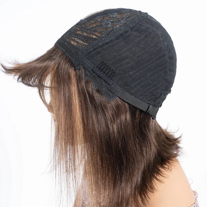Human Hair Straight Bob Lace Wigs Straight Human Hair Wigs With Bangs #27 Brown Fringe Middle Part Bob Lace Wigs Realistic Scalp