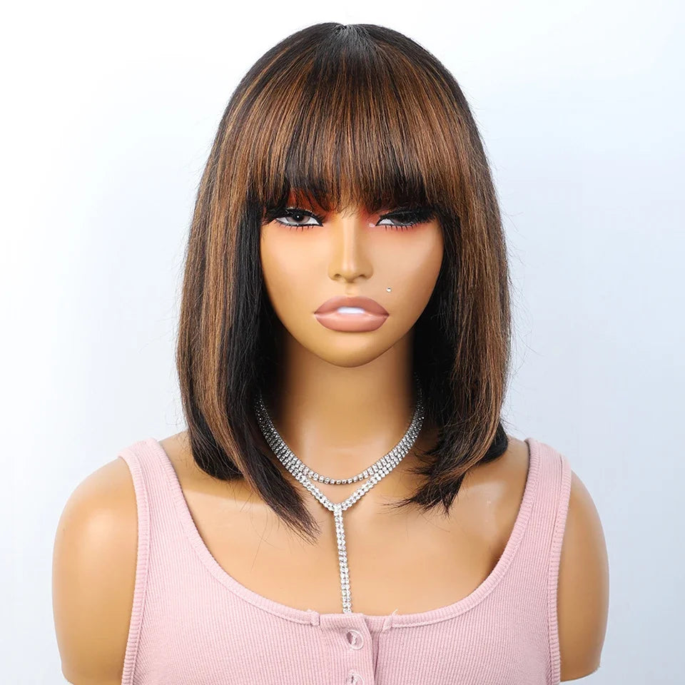 Human Hair Straight Bob Lace Wigs Straight Human Hair Wigs With Bangs #27 Brown Fringe Middle Part Bob Lace Wigs Realistic Scalp