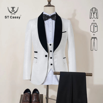 ST Cassy High Quality Retro carving Party Dress Slim Fit Tuxedo Prom Suit Fashion black Male Groom Wedding three-piece