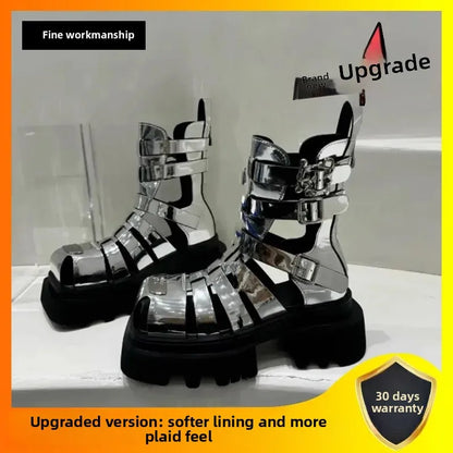 Roman Style Woven Thin Heel Boots for Women Summer Thick Bottom Slimming Cool Motorcycle Style Hollow out Short Boots Trendy