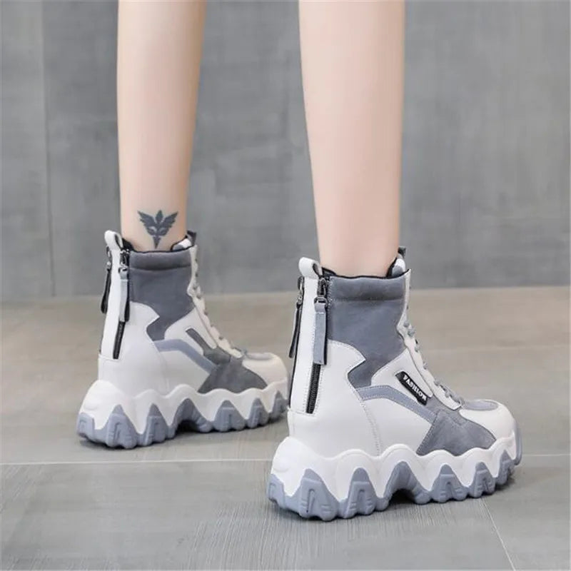 Spring Women Thick Sole Ankle Boots Autumn Luxury Platform Casual Boots Women's 8cm High Heels Wedge Boots Shoes Woman Sneakers