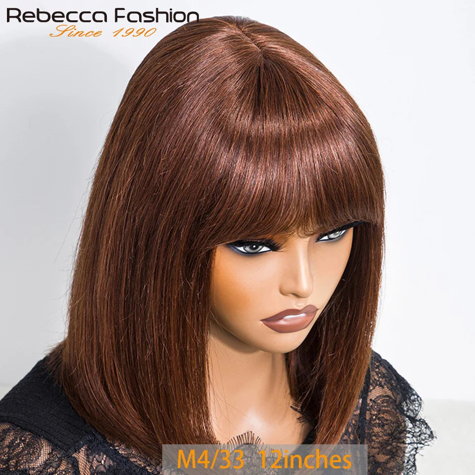 Human Hair Straight Bob Lace Wigs Straight Human Hair Wigs With Bangs #27 Brown Fringe Middle Part Bob Lace Wigs Realistic Scalp