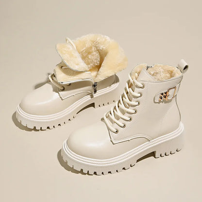 Snow Boots For Women  Female Shoes Winter Footwear Boots-Women Plush Round Toe Flat Heel Leather Lolita Ladies Med 2025 Fur