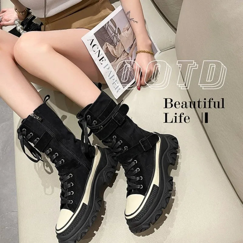 Rock Shoes Woman Luxury Designer Flat Heel Boots-Women Round Toe Fashion 2024 Ladies Autumn Med Ankle Slip-On Cotton Fabric