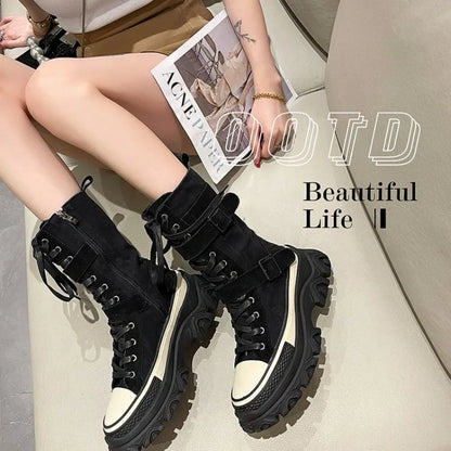 Rock Shoes Woman Luxury Designer Flat Heel Boots-Women Round Toe Fashion 2024 Ladies Autumn Med Ankle Slip-On Cotton Fabric