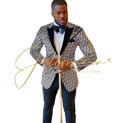 Luxuly Plaid Double Breasted Men Suit Custumized Slim Fit Peaked Lapel Groom Wedding Tuxedos Male Prom Blazers 2 Pieces Sets