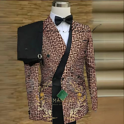 Luxuly Plaid Double Breasted Men Suit Custumized Slim Fit Peaked Lapel Groom Wedding Tuxedos Male Prom Blazers 2 Pieces Sets