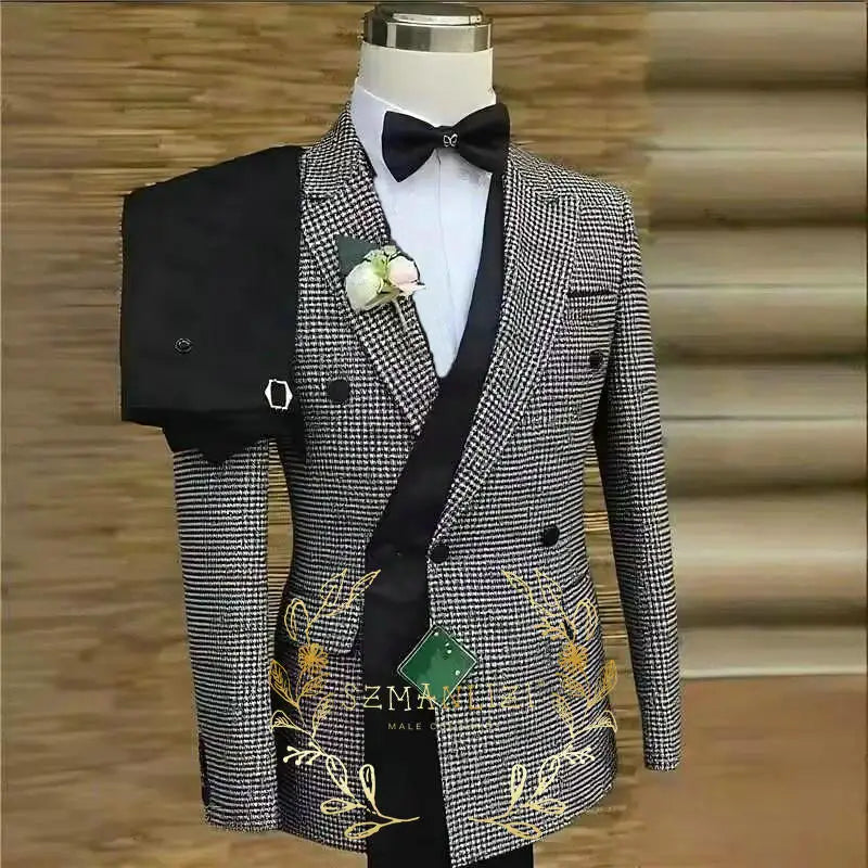 Luxuly Plaid Double Breasted Men Suit Custumized Slim Fit Peaked Lapel Groom Wedding Tuxedos Male Prom Blazers 2 Pieces Sets