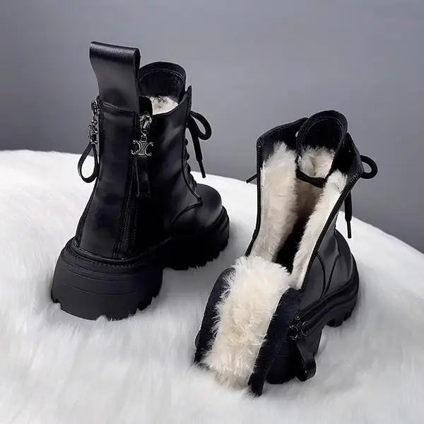 Snow Boots For Women  Female Shoes Winter Footwear Boots-Women Plush Round Toe Flat Heel Leather Lolita Ladies Med 2025 Fur