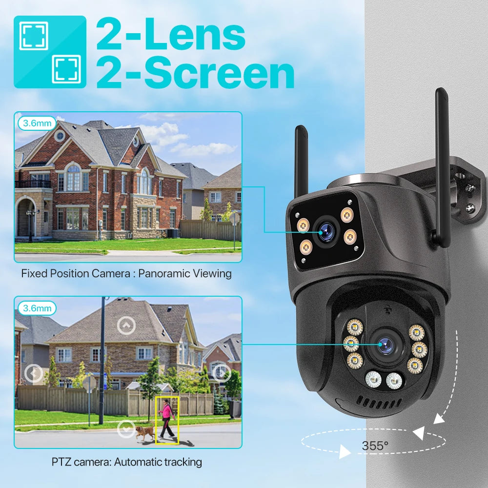Wifi PTZ HD Camera Outdoor 4K 8MP 4MP Dual Lens Dual Screen AI Auto Tracking IP Camera CCTV Audio Video Surveillance P2P iCSee