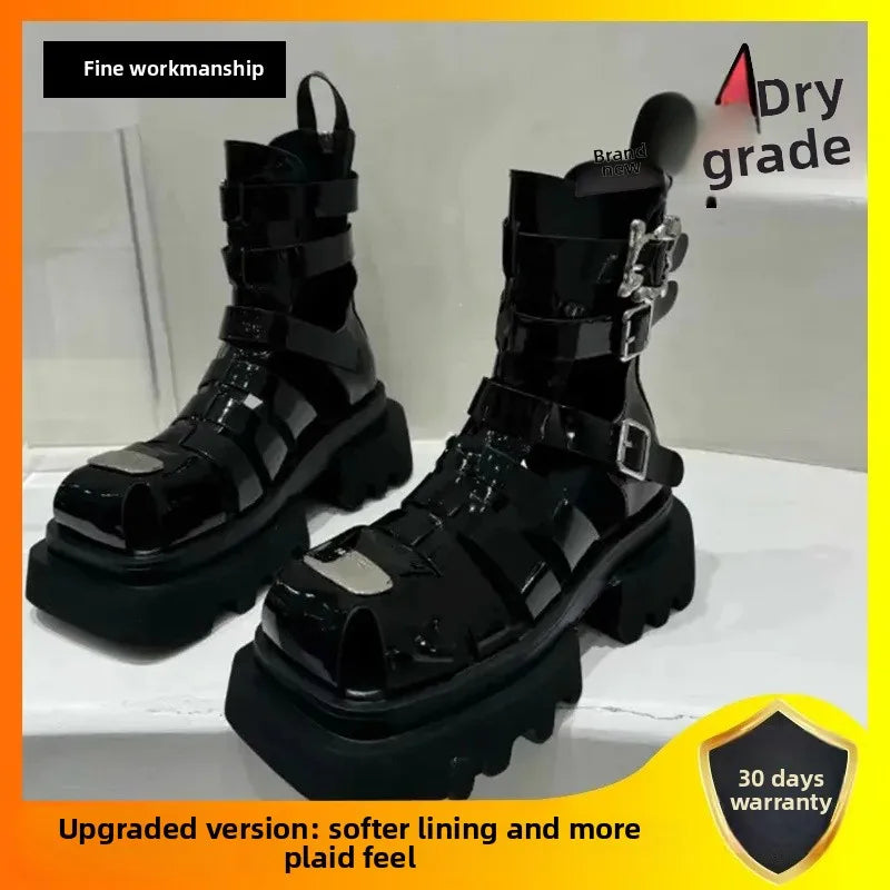 Roman Style Woven Thin Heel Boots for Women Summer Thick Bottom Slimming Cool Motorcycle Style Hollow out Short Boots Trendy