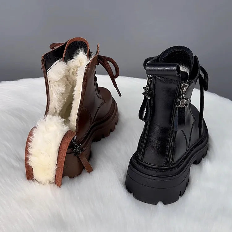 Snow Boots For Women  Female Shoes Winter Footwear Boots-Women Plush Round Toe Flat Heel Leather Lolita Ladies Med 2025 Fur