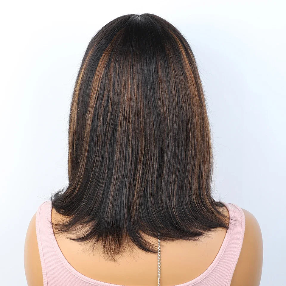 Human Hair Straight Bob Lace Wigs Straight Human Hair Wigs With Bangs #27 Brown Fringe Middle Part Bob Lace Wigs Realistic Scalp