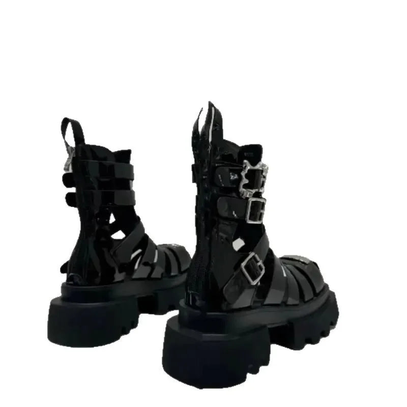 Roman Style Woven Thin Heel Boots for Women Summer Thick Bottom Slimming Cool Motorcycle Style Hollow out Short Boots Trendy