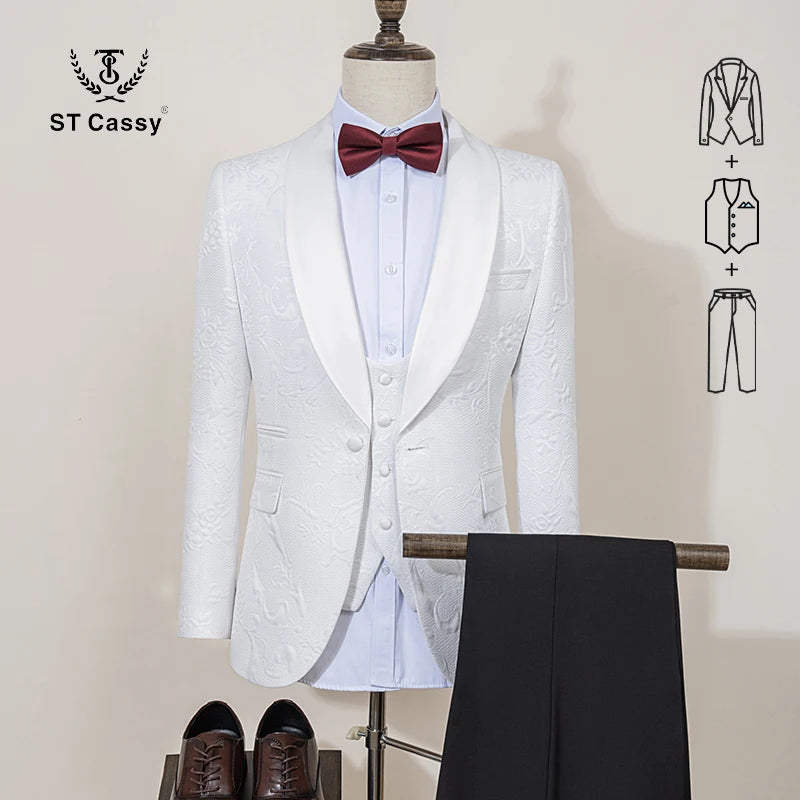 ST Cassy High Quality Retro carving Party Dress Slim Fit Tuxedo Prom Suit Fashion black Male Groom Wedding three-piece