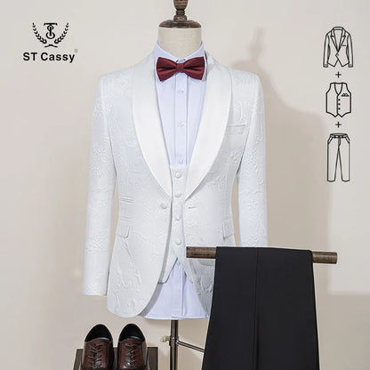 ST Cassy High Quality Retro carving Party Dress Slim Fit Tuxedo Prom Suit Fashion black Male Groom Wedding three-piece