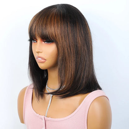 Human Hair Straight Bob Lace Wigs Straight Human Hair Wigs With Bangs #27 Brown Fringe Middle Part Bob Lace Wigs Realistic Scalp