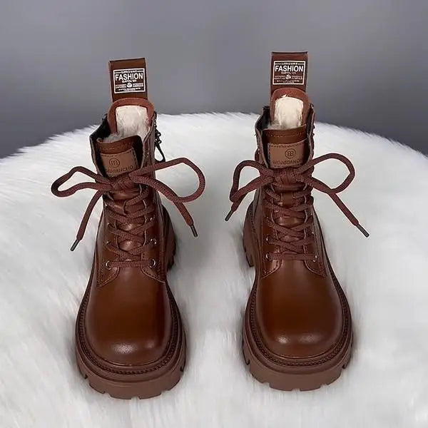 Snow Boots For Women  Female Shoes Winter Footwear Boots-Women Plush Round Toe Flat Heel Leather Lolita Ladies Med 2025 Fur