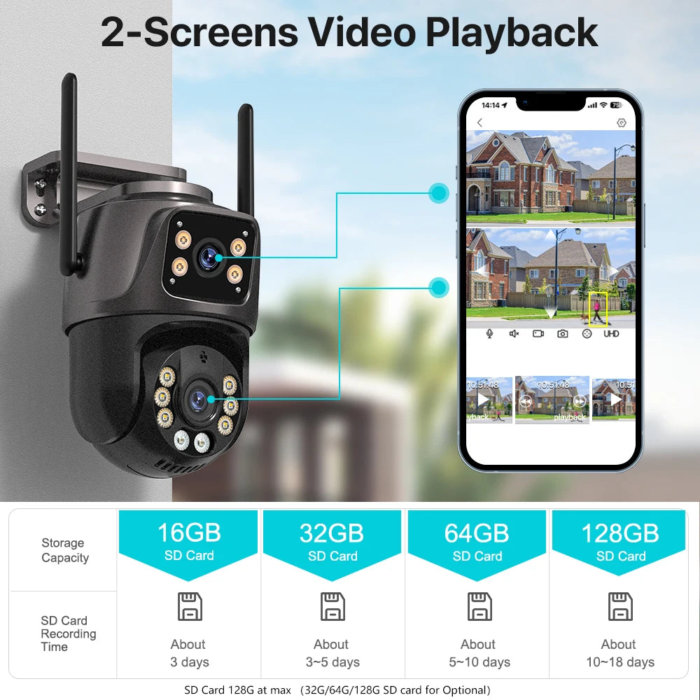 Wifi PTZ HD Camera Outdoor 4K 8MP 4MP Dual Lens Dual Screen AI Auto Tracking IP Camera CCTV Audio Video Surveillance P2P iCSee
