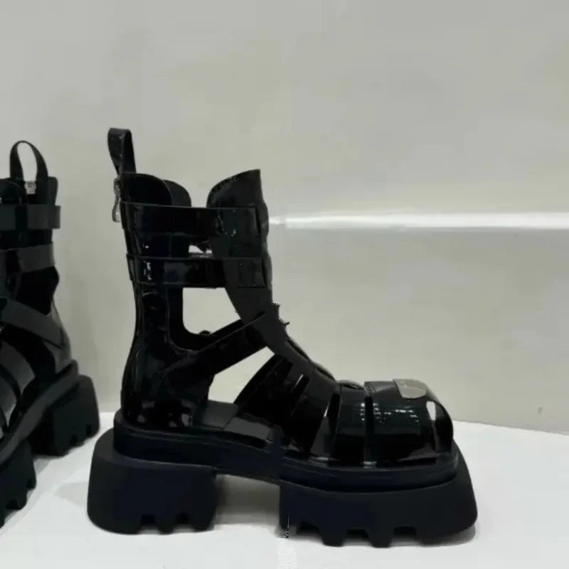Roman Style Woven Thin Heel Boots for Women Summer Thick Bottom Slimming Cool Motorcycle Style Hollow out Short Boots Trendy