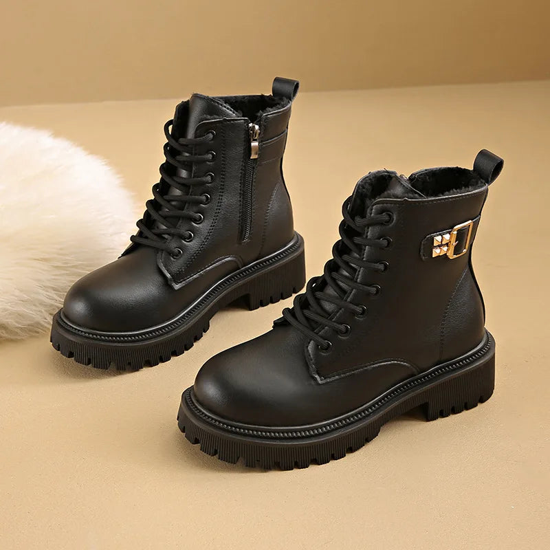 Snow Boots For Women  Female Shoes Winter Footwear Boots-Women Plush Round Toe Flat Heel Leather Lolita Ladies Med 2025 Fur